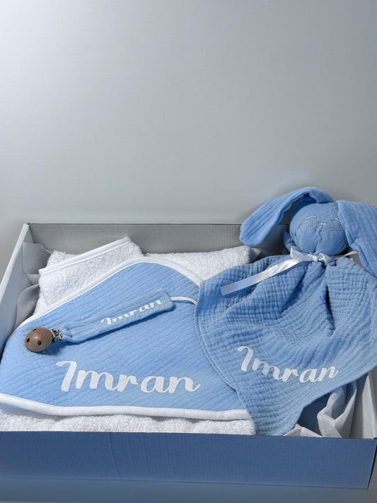 Coffret Cape de bain/gant + Doudou lapin + Attache tétine