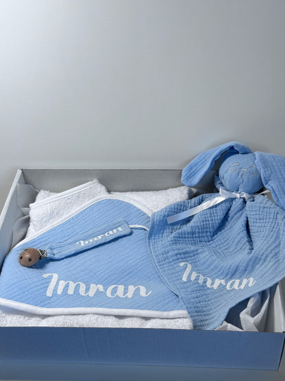 Coffret Cape de bain/gant + Doudou lapin + Attache tétine
